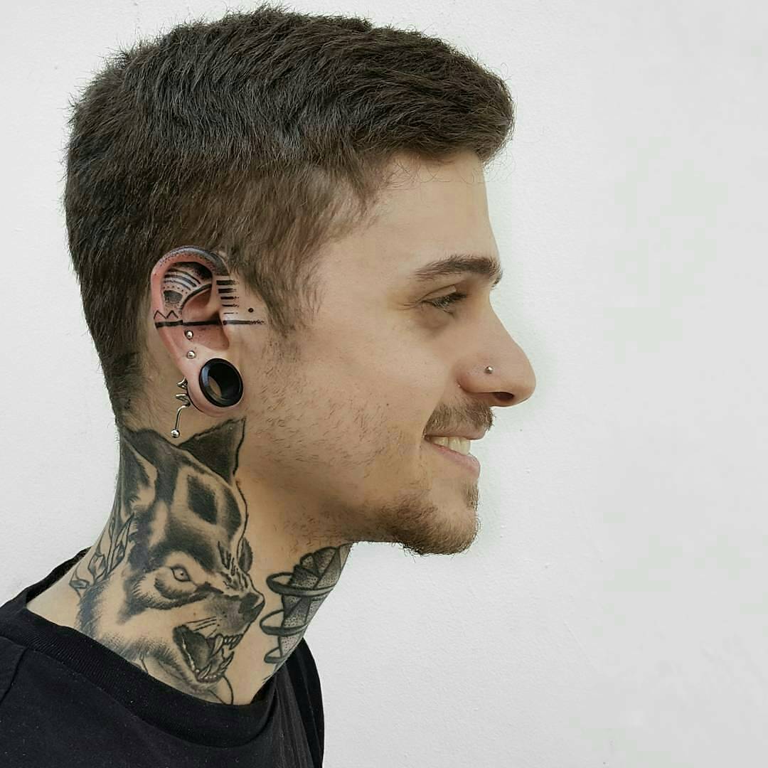 Grey ink tattoos, Ear tattoo, Ears tattoo
