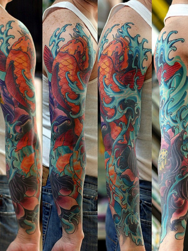 blue koi fish tattoo sleeve