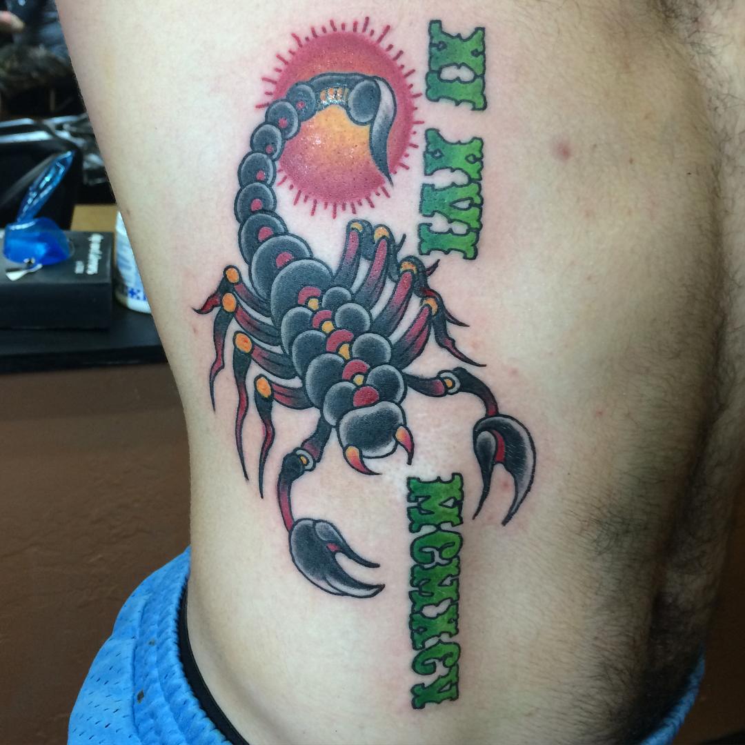 Traditional scorpion with a twist. Done by Aaron @ Black Moon Tattoo in  Madison, WI : r/traditionaltattoos