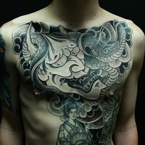 japanese mask tattoos chest