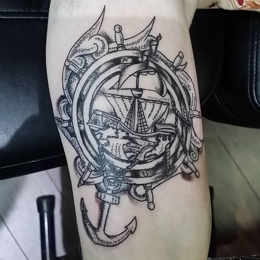 full color pirate clipper ship tattoo ideas