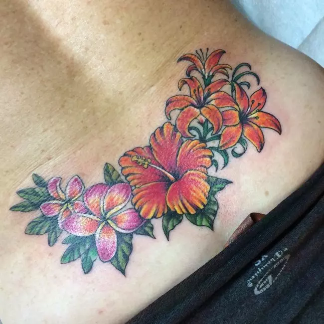 Colorful Floral Tattoo On Lower Back