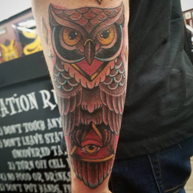 American Traditional Owl by Steve  Cobra Custom Tattoo Plymouth MA  r tattoos